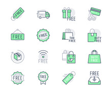 Free Label Line Icons. Vector Illustration Included Icon As Gratis Delivery Truck, Shipping, Wifi, Download, Duty Free Outline Pictogram Of Freebies. Green Color, Editable Stroke