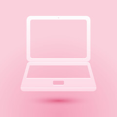 Poster - Paper cut Laptop icon isolated on pink background. Computer notebook with empty screen sign. Paper art style. Vector.