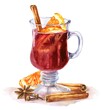 Watercolor mulled wine with orange, cinnamon and spices on white background. Watercolour fall season food illustration.