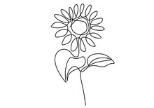 One Single Line Drawing Of Beauty Sunflower Isolated On White Background. Beautiful Flower Concept Hand Draw Design Vector Illustration For Posters, Wall Art, Tote Bag, Mobile Case, T-shirt Print