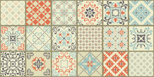 Collection Of 18 Ceramic Tiles In Turkish Style. Seamless Colorful Patchwork From Azulejo Tiles. Portuguese And Spain Decor. Islam, Arabic, Indian, Ottoman Motif. Vector Hand Drawn Background