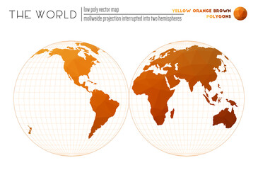 World map with vibrant triangles. Mollweide projection interrupted into two hemispheres of the world. Yellow Orange Brown colored polygons. Stylish vector illustration.