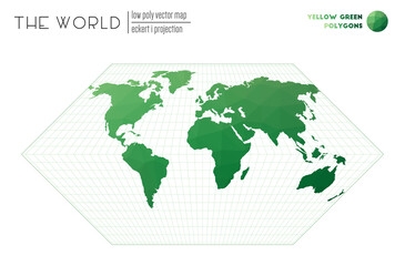 Wall Mural - Polygonal map of the world. Eckert I projection of the world. Yellow Green colored polygons. Creative vector illustration.