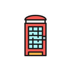 Poster - London phone booth, English call box flat color line icon.