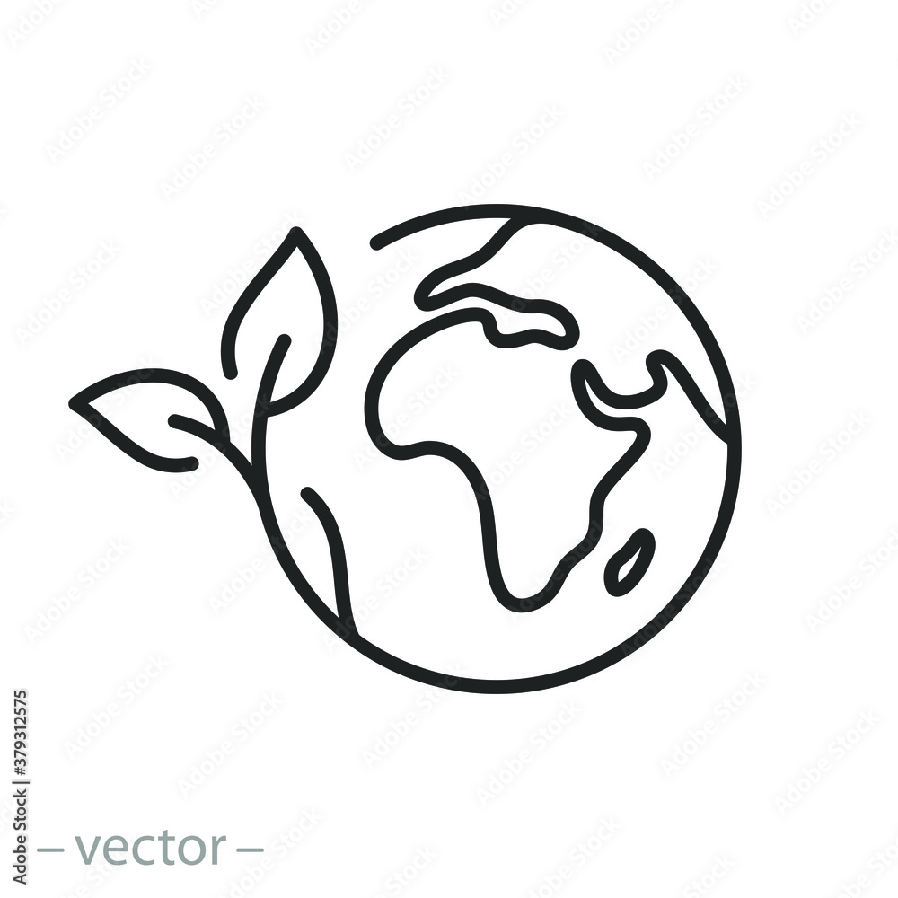 green earth planet concept, icon, world ecology, nature global protect, logo eco environment, globe with leafs, thin line simple web symbol on white background - obrazy, fototapety, plakaty 