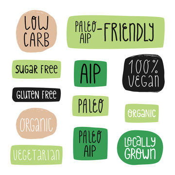 Special diet nutrition and healthy food stickers. AIP and paleo-friendly, 100 percent vegan, sugar free, low carb, etc.