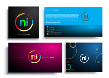 Letter NJ Logotype With Colorful Circle, Letter Combination Logo Design With Ring, Sets Of Business Card For Company Identity, Creative Industry, Web, Isolated On White Background.