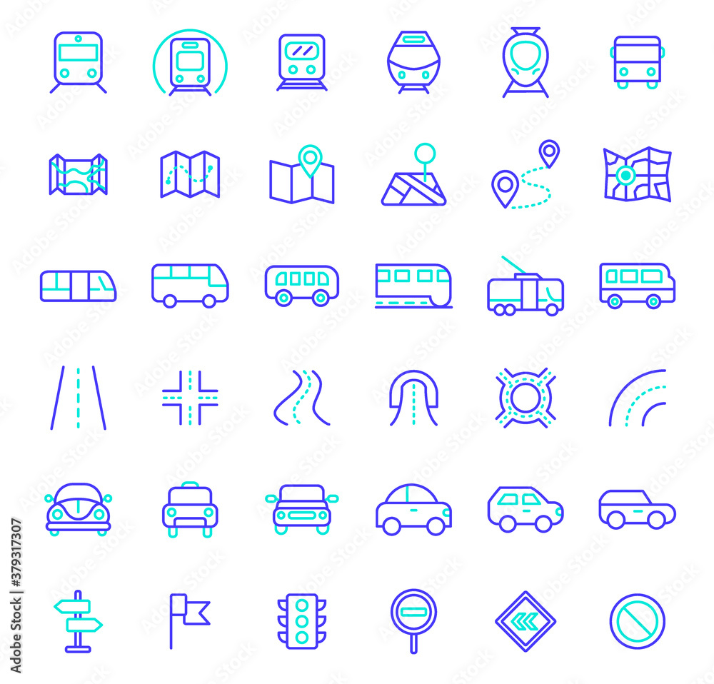 Transportion Map Icon Set of transport and road Icons line style. Contains such Icons as map ...