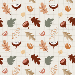 Wall Mural - Seamless pattern with various colorful fall leaves, fruit and flowers. Thanksgiving or Halloweeen concept. Autumn design for textile, fabric and scrapbooking. Vector checkered illustration background.