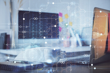 multi exposure of desktop computer and technology theme hologram. concept of software development.