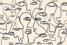 Continuous Line, Drawing Of Faces, Fashion Minimalist Concept, Vector Illustration. Modern Fashionable Pattern.