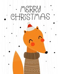  Merry Christmas. Cartoon fox, hand drawing lettering, decor elements. holiday theme. Colorful vector illustration, flat style. design for greeting cards, print, poster