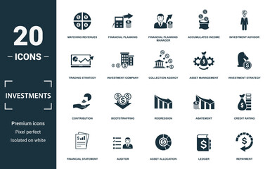 Investment icon set. Monochrome sign collection with matching revenues, financial planning, financial planning manager, accumulated income and over icons. Investment elements set.