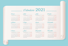 Wall Calendar 2021 Template In Spanish. 12 Months On Parchment. Week Starts On Monday. Horizontal Vector Editable Calendar Design