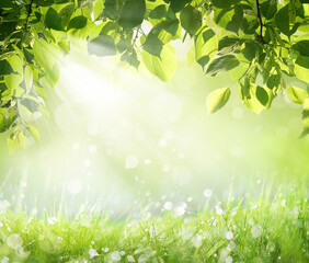 Aufkleber - Natural summer spring landscape frame with wet green grass with morning dew and fresh juicy foliage on Sunny day. Ray of sunlight breaks through foliage of trees in Park in nature outdoors.