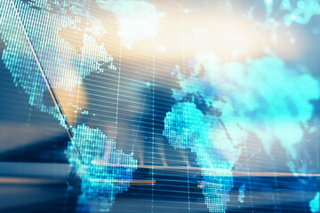 Fototapete - Multi exposure of business theme icons and table with computer background. Concept of success.