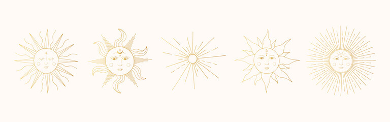 set of golden mystic and celestial suns with faces. vector space illustration in boho style. gold su
