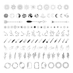 big set of hand drawn space and boho elements. stars, comets, hands, celestial sun with face, half m
