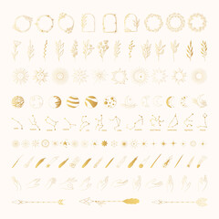 big golden set of hand drawn space and boho elements. stars, comets, hands, celestial sun with face,
