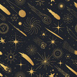 Golden space background. Holiday Christmas seamless pattern with stars, comets, sun and moon. Kids gold texture for wrapping paper or wallpaper.