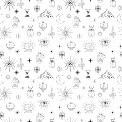 Hand drawn mystic astrology seamless pattern. Stars, snake, moth, esoteric elements, starburst, mountain. Celestial texture for wrapping paper.