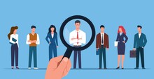 Human Resource. Hand With Magnifying Glass Chooses Candidate From Group, Employee Selection Recruitment Team Hiring Workers, Future Career Choice Process And Competition Vector Flat Concept