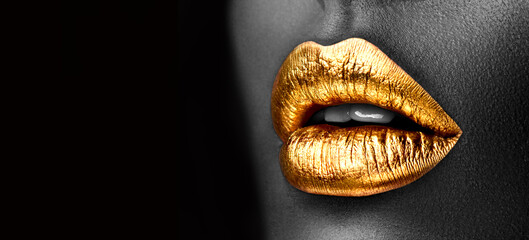 Poster - golden lipstick closeup. gold metal lips. beautiful makeup. sexy lips, bright lip gloss paint on bea