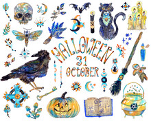 Halloween Design Set With Traditional Holiday Symbols And Witch Objects - Crow, Broom, Cat, Pumpkin, Skull And Elements.