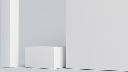 Fototapete - Product setting podium white abstract minimalistic geometry, minimal light interior, object placement, abstract gray background room, 3d rendering,