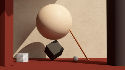 Poster - Balance. Impossible happen geometric shapes abstract composition background. 3d rendering