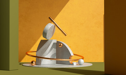 Poster - Balance. Impossible happen geometric shapes abstract composition background. 3d rendering