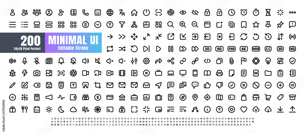 24x24 Pixel Perfect. Basic User Interface Essential Set. 200 Line Outline Icons. For App, Web, Print. Editable Stroke. 2 Pixel Stroke Wide with Round Cap and Round Corner. - obrazy, fototapety, plakaty 