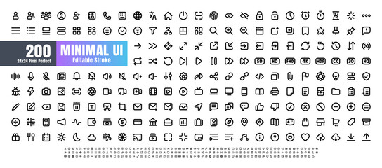 24x24 pixel perfect. basic user interface essential set. 200 line outline icons. for app, web, print