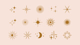 Fototapeta Boho - Vector set of linear icons and symbols - stars, moon, sun - abstract design elements for decoration or logo design templates in modern minimalist style