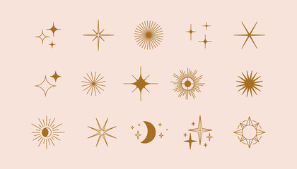 vector set of linear icons and symbols - stars, moon, sun - abstract design elements for decoration 