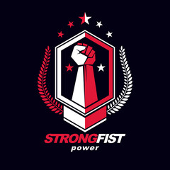 Vector symbol created using clenched fist of athletic strong man, protection shield, bird wings and different graphic elements. Fighter club conceptual logo.