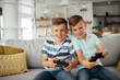 © JustLife - Happy brothers playing video games. Young brothers having fun while playing video games in living room.