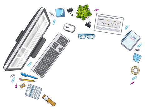 Work desk workspace top view with PC computer and a lot of different stationery objects on table with copy space for text. All elements are easy to use separately or recompose illustration. Vector.