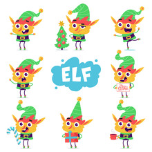 Cute Christmas Elf Vector Cartoon Characters Set Isolated On White Background.