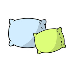 Set of pillows. Large and small object. Cartoon flat illustration. Soft colored cushions in blue and green. Element of bedroom and bed for sleep