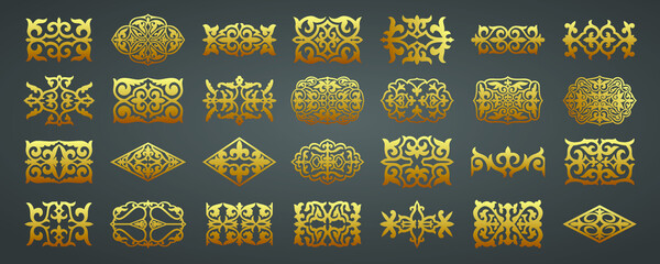 Poster - Set of 28 islamic golden ornaments on black background in vector. Circular ornamental arabic symbols. Abstract Asian elements of the national pattern of the ancient nomads of the Kazakhs, Tatars.