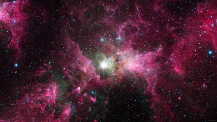 Wall Mural - space flight into star field of carina nebula with center glowing star. 4k 3d rendering. flight thro