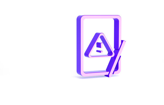 Purple Graphic tablet with exclamation mark icon isolated on white background. Alert message smartphone notification. Minimalism concept. 3d illustration 3D render.