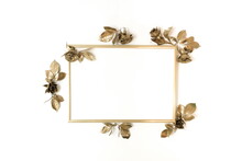 Gold Frame Mock Up And Dried Flowers Roses Paint Golden Color Isolated On White Backdrop. Floral Card. Top View, Flat Lay. Copy Space. Minimal Concept