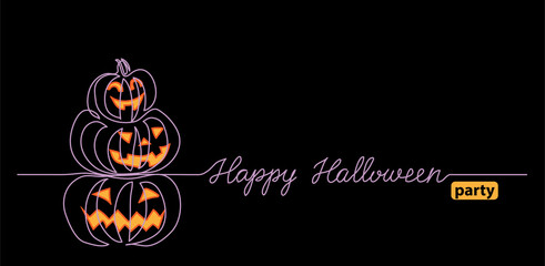 Wall Mural - Halloween black background with pumpkin stack. One continuous line drawing with text Happy Halloween party. Black vector background, web banner, poster.