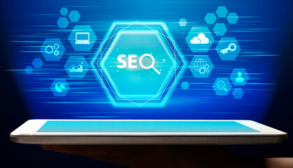 Poster - Seo-Optimization Collage With Digital Tablet And Keyword Seo, Blue Background