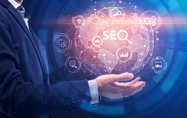 Poster - Businessman Holding Holographic Globe With Word Seo, Blue Background, Collage