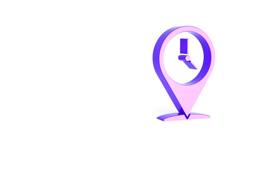 Purple Location with clock icon isolated on white background. Minimalism concept. 3d illustration 3D render.