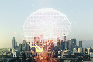 Virtual creative artificial Intelligence hologram with human brain sketch on Los Angeles skyline background. Multiexposure