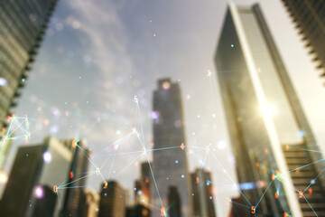 Poster - Double exposure of abstract virtual technology hologram on modern skyscrapers background. Research and development software concept